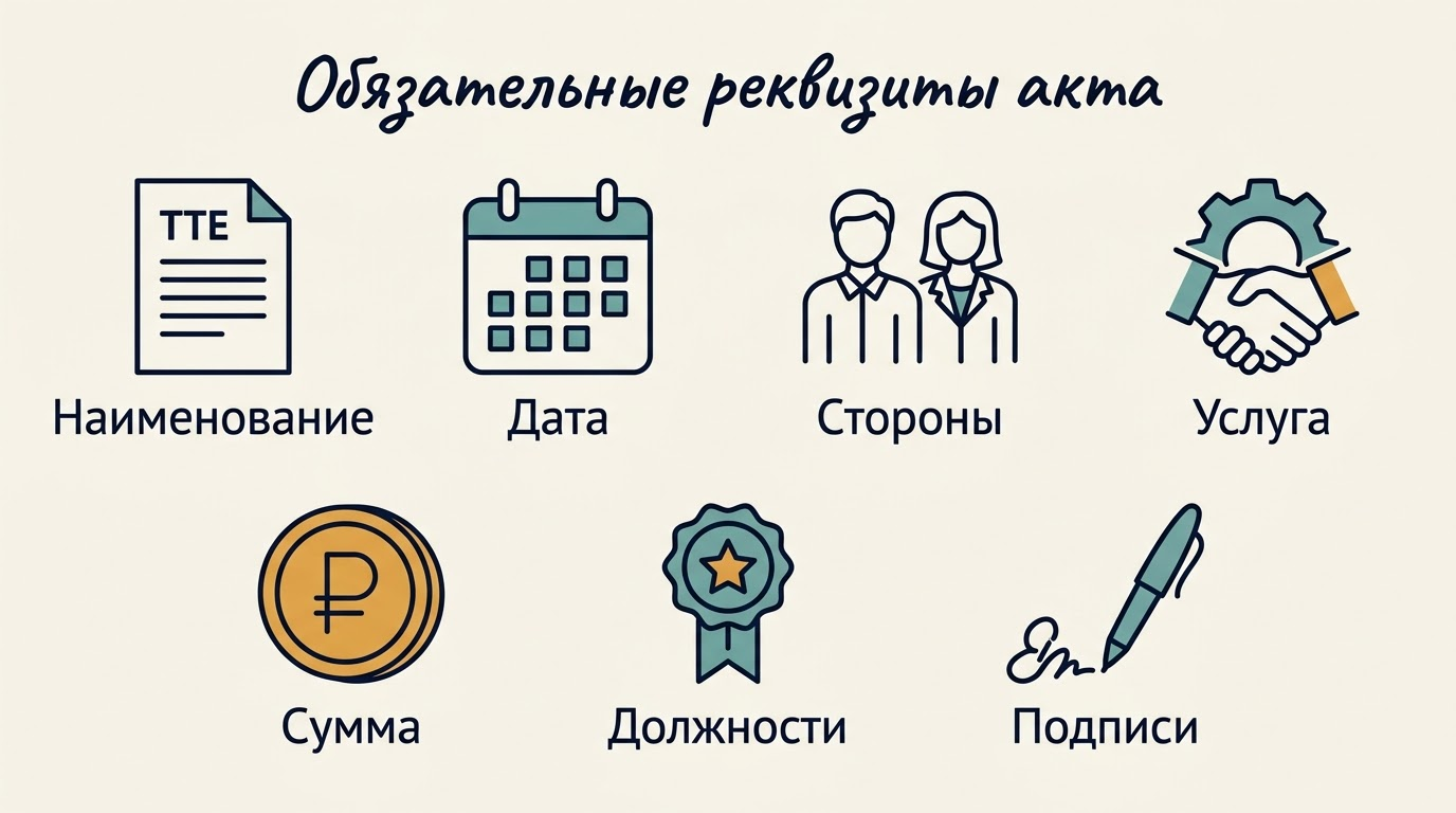 Инфографика: обязательные реквизиты акта оказанных услуг — наименование, дата, стороны, услуга, сумма, должности, подписи