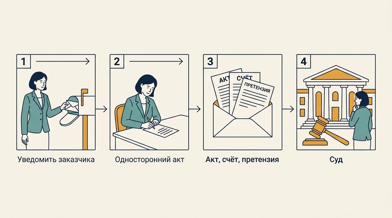 Схема из четырёх шагов действий исполнителя при отказе заказчика подписать акт