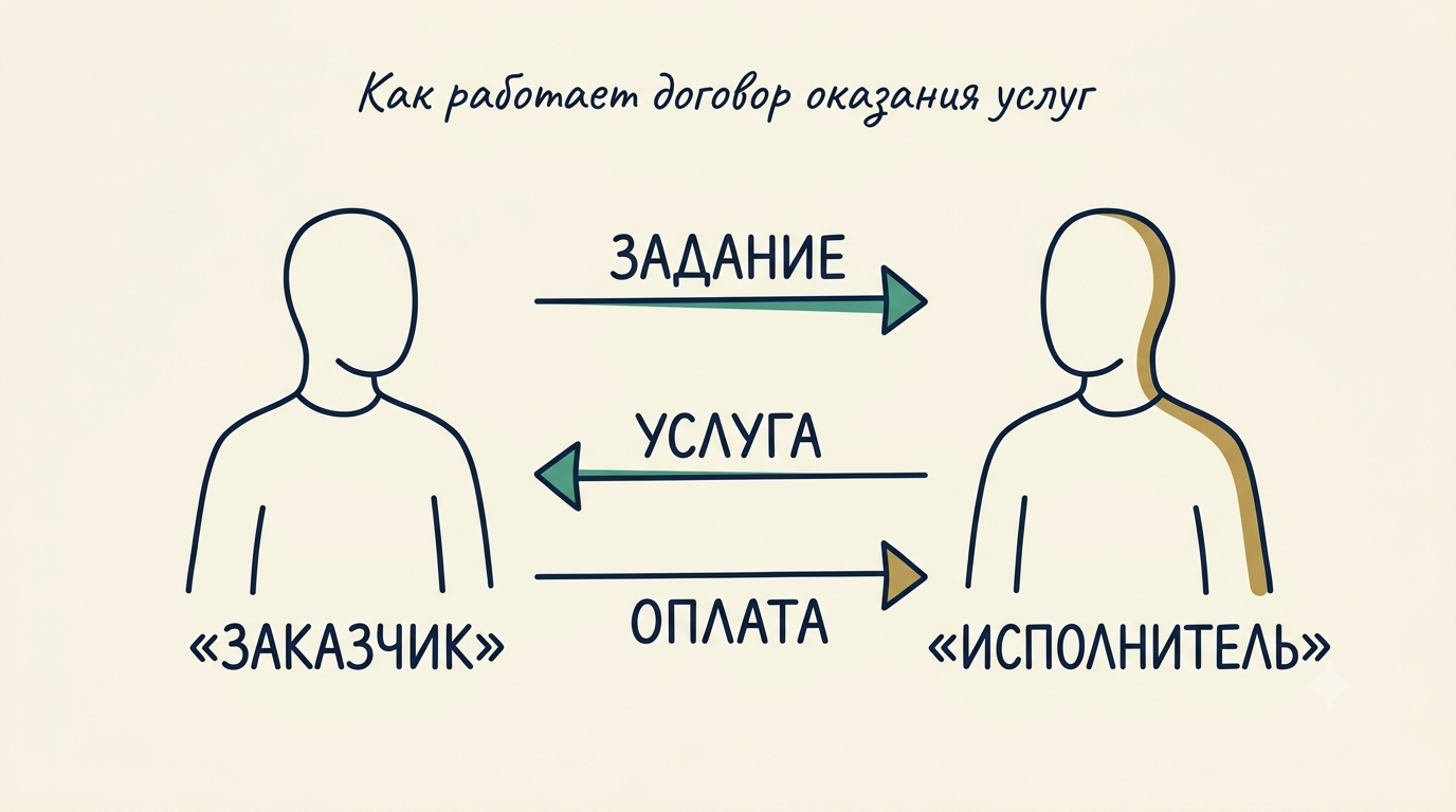 Схема: заказчик даёт задание, исполнитель оказывает услугу, заказчик оплачивает