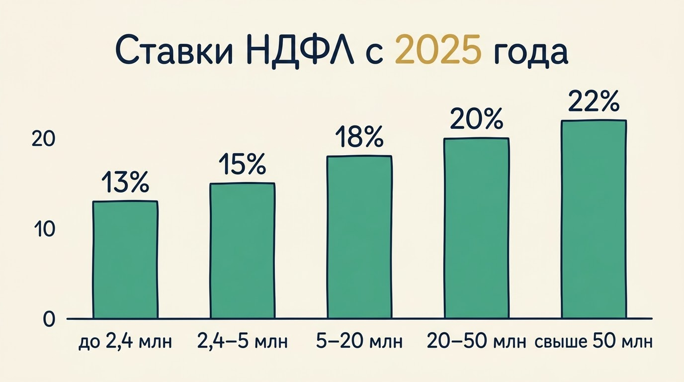 Диаграмма ставок НДФЛ 2025: 13, 15, 18, 20, 22 процента по порогам дохода