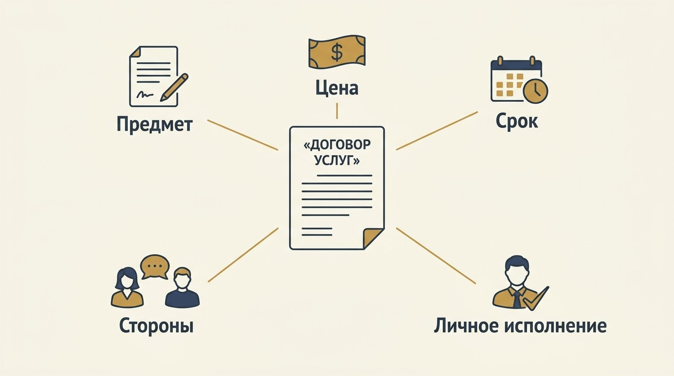 Схема: договор услуг и пять его условий — предмет, цена, срок, стороны, личное исполнение