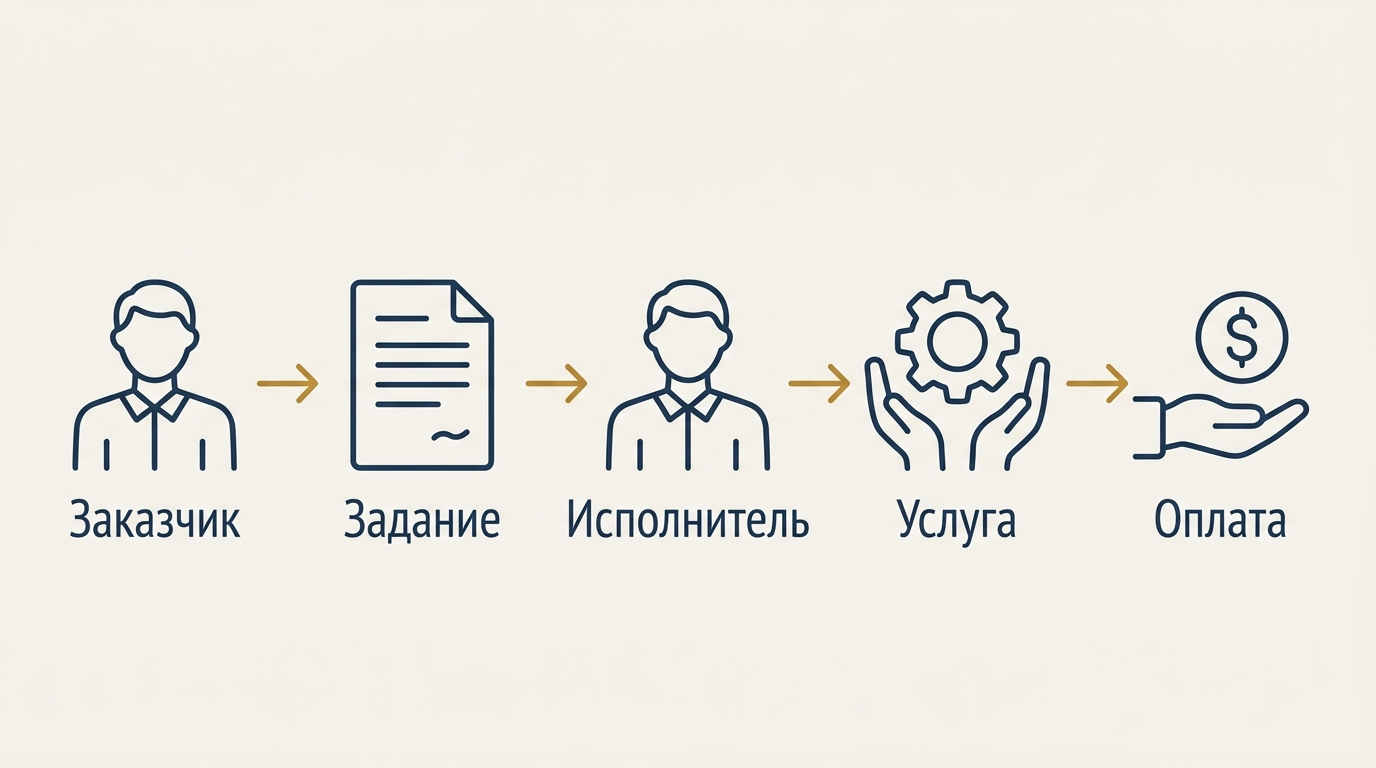 Схема договора возмездного оказания услуг: заказчик, задание, исполнитель, услуга, оплата