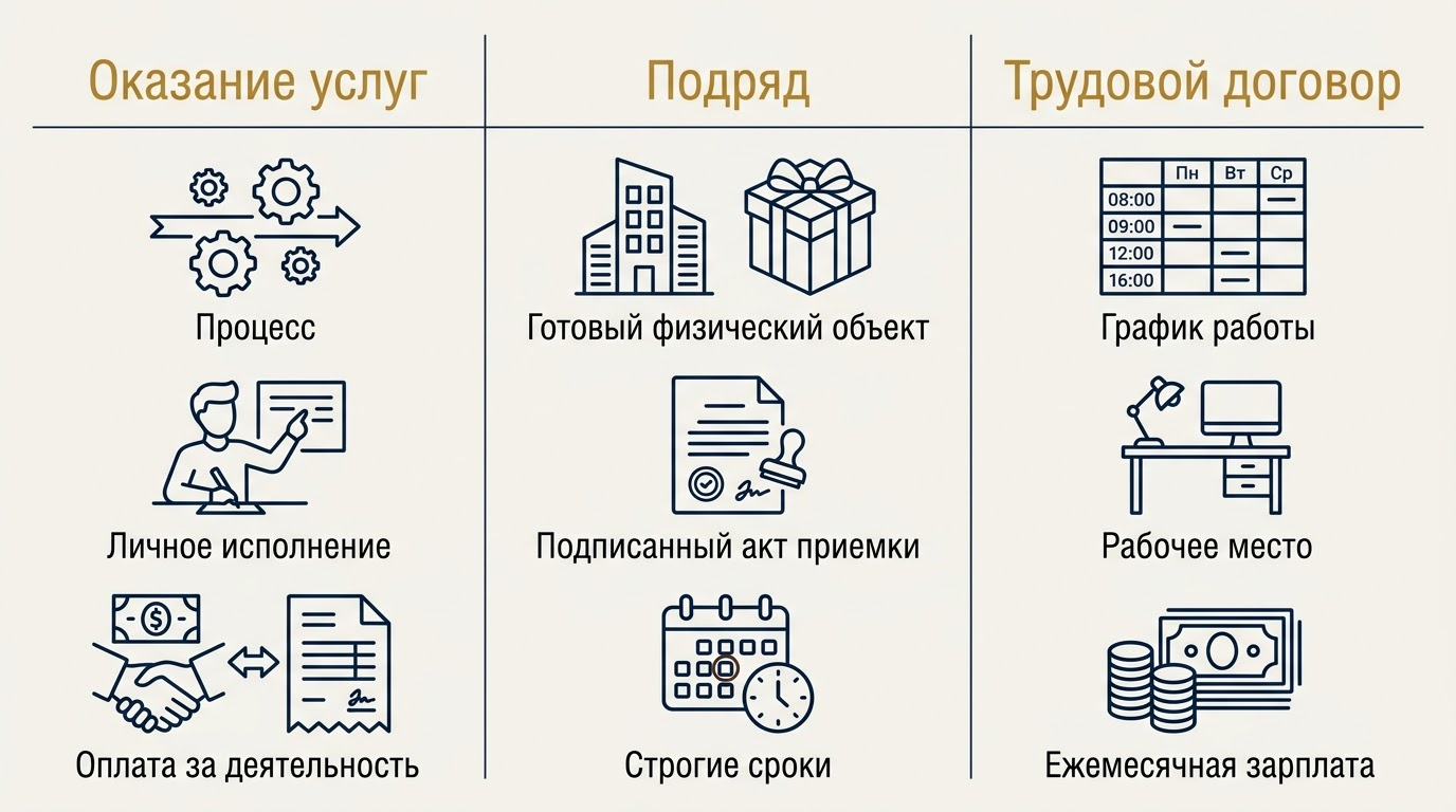 Сравнение договора оказания услуг, договора подряда и трудового договора по предмету, срокам, приёмке и оплате