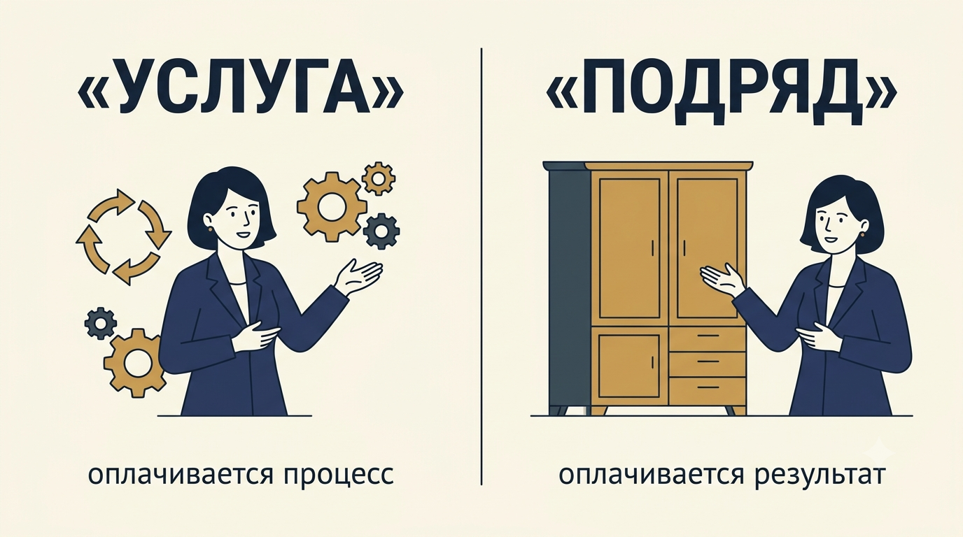 Сравнение: в услуге оплачивается процесс, в подряде — овеществлённый результат