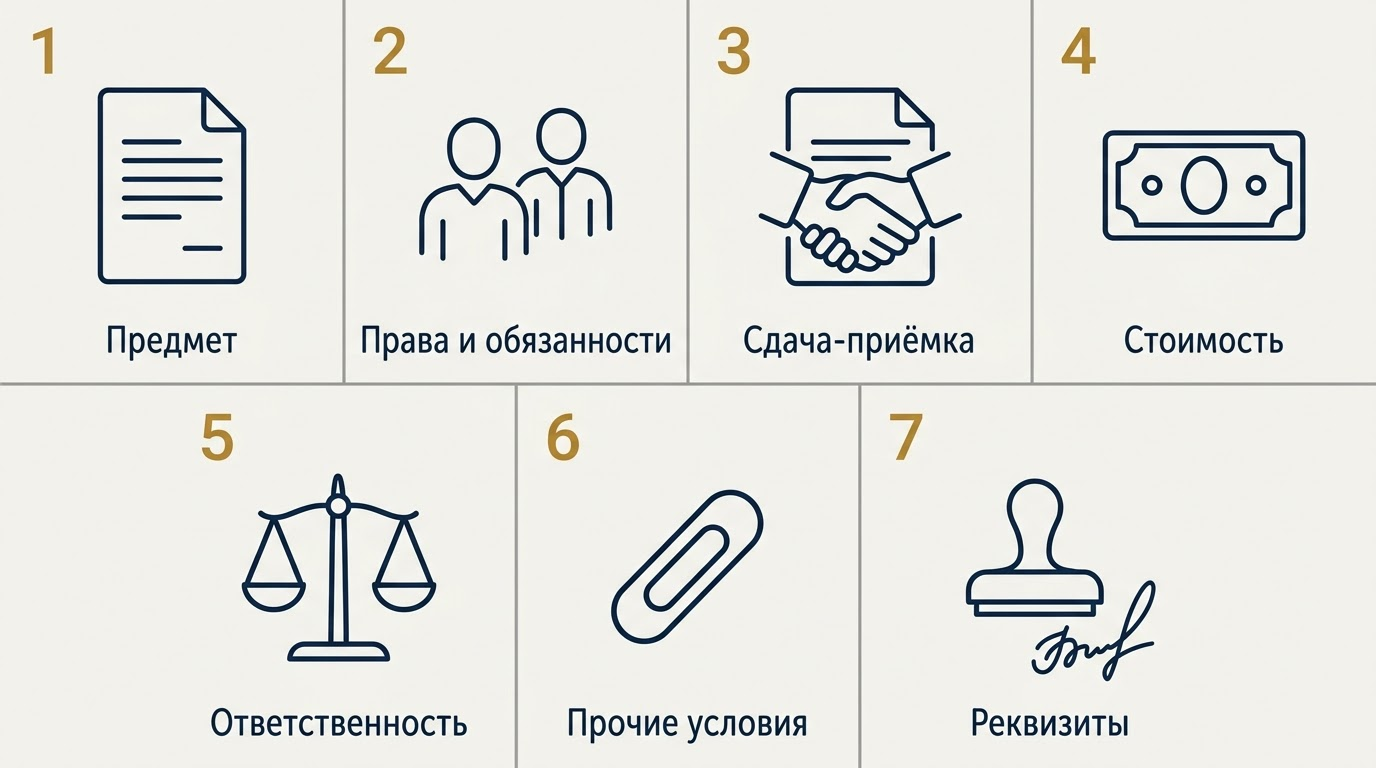 Семь разделов договора возмездного оказания услуг: предмет, права и обязанности, сдача-приёмка, стоимость, ответственность, прочие условия, реквизиты