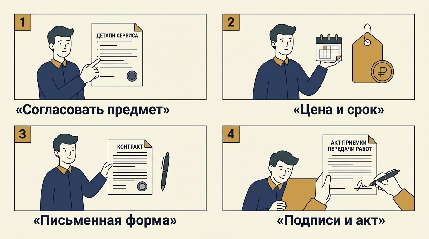 Четыре шага заключения договора услуг: согласовать предмет, цену и срок, письменная форма, подписи и акт