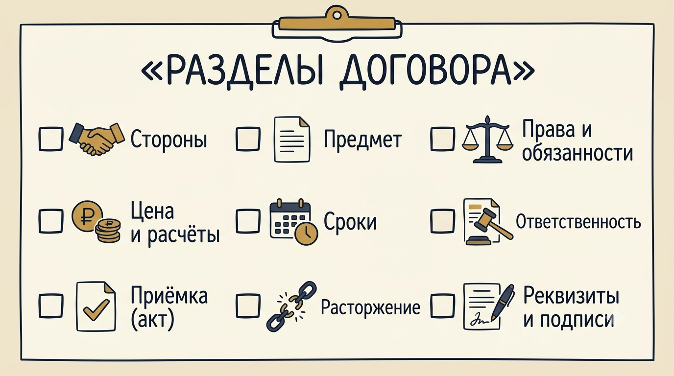 Чеклист обязательных разделов договора оказания услуг: стороны, предмет, цена, сроки, ответственность, акт, расторжение