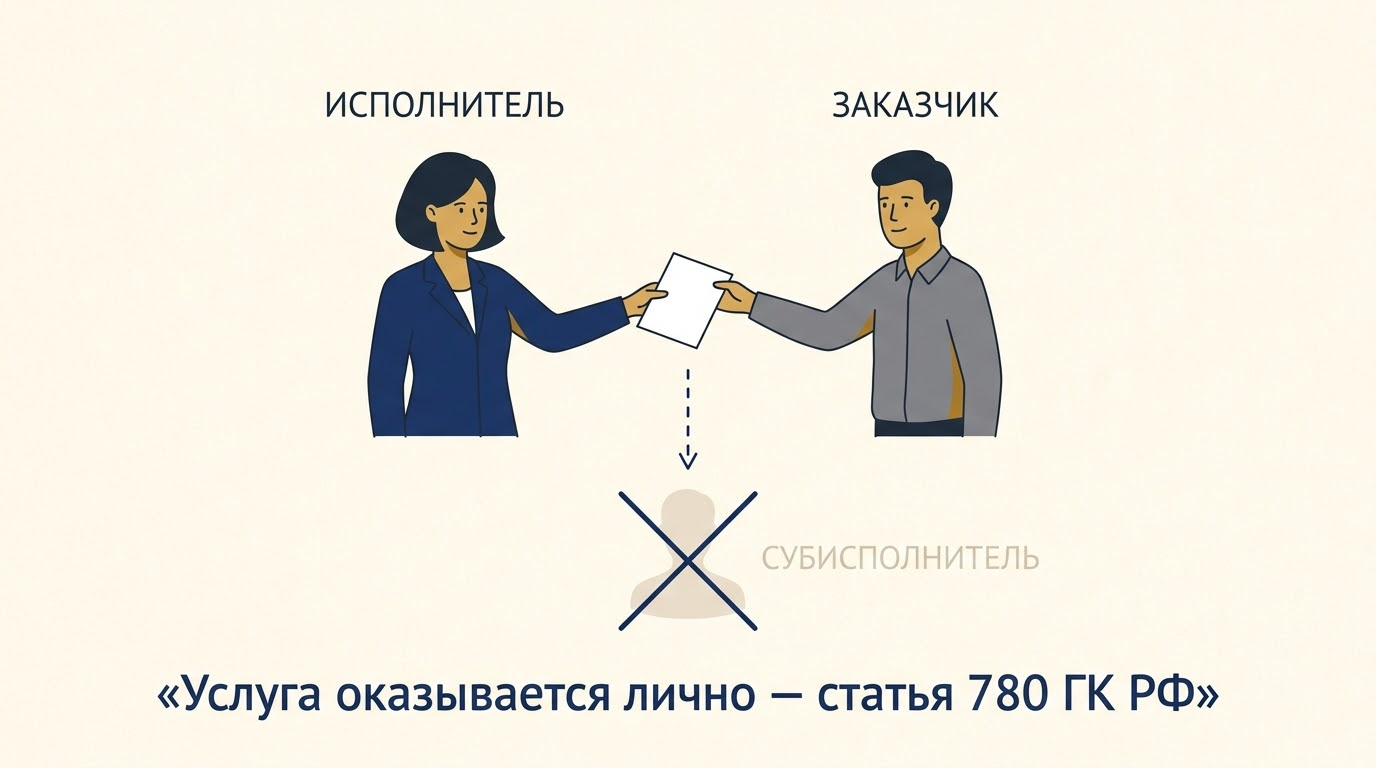 Схема: исполнитель оказывает услугу лично, передача субисполнителю без согласия запрещена
