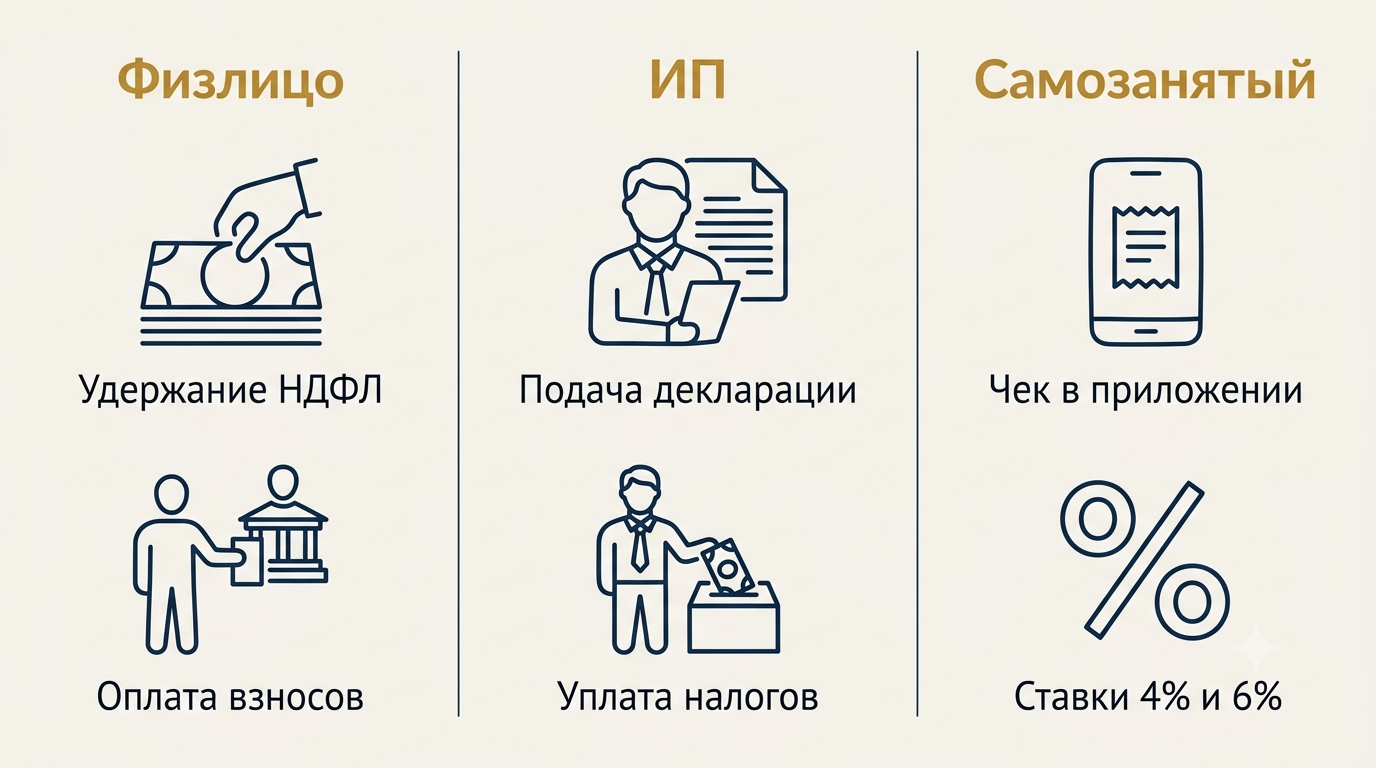 Кто платит налоги по договору оказания услуг: физлицо, ИП и самозанятый