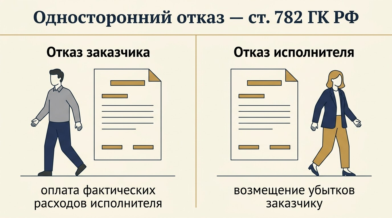 Сравнение последствий одностороннего отказа: заказчик оплачивает расходы, исполнитель возмещает убытки