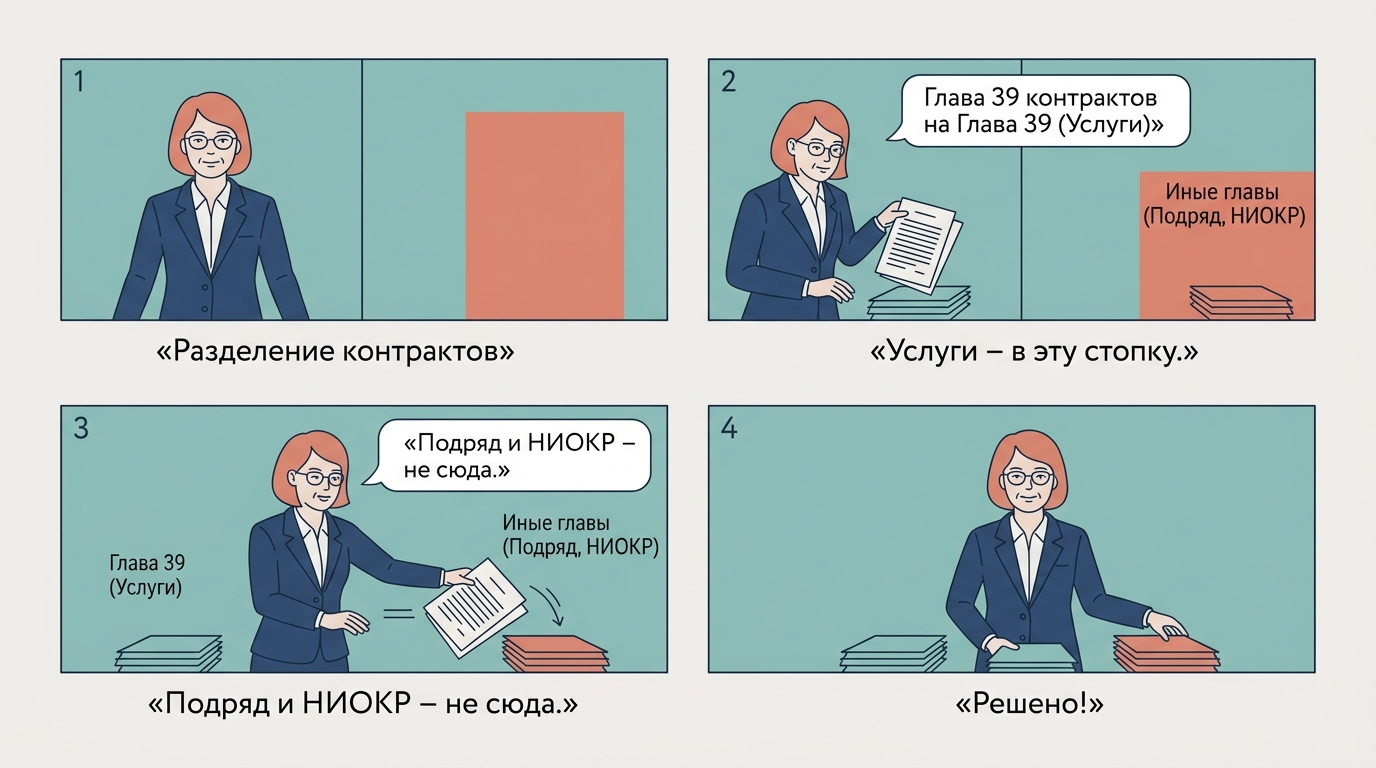 Разделенный экран: юрист сортирует договоры, перемещая подряд и банковские услуги вправо, исключая их из главы 39.