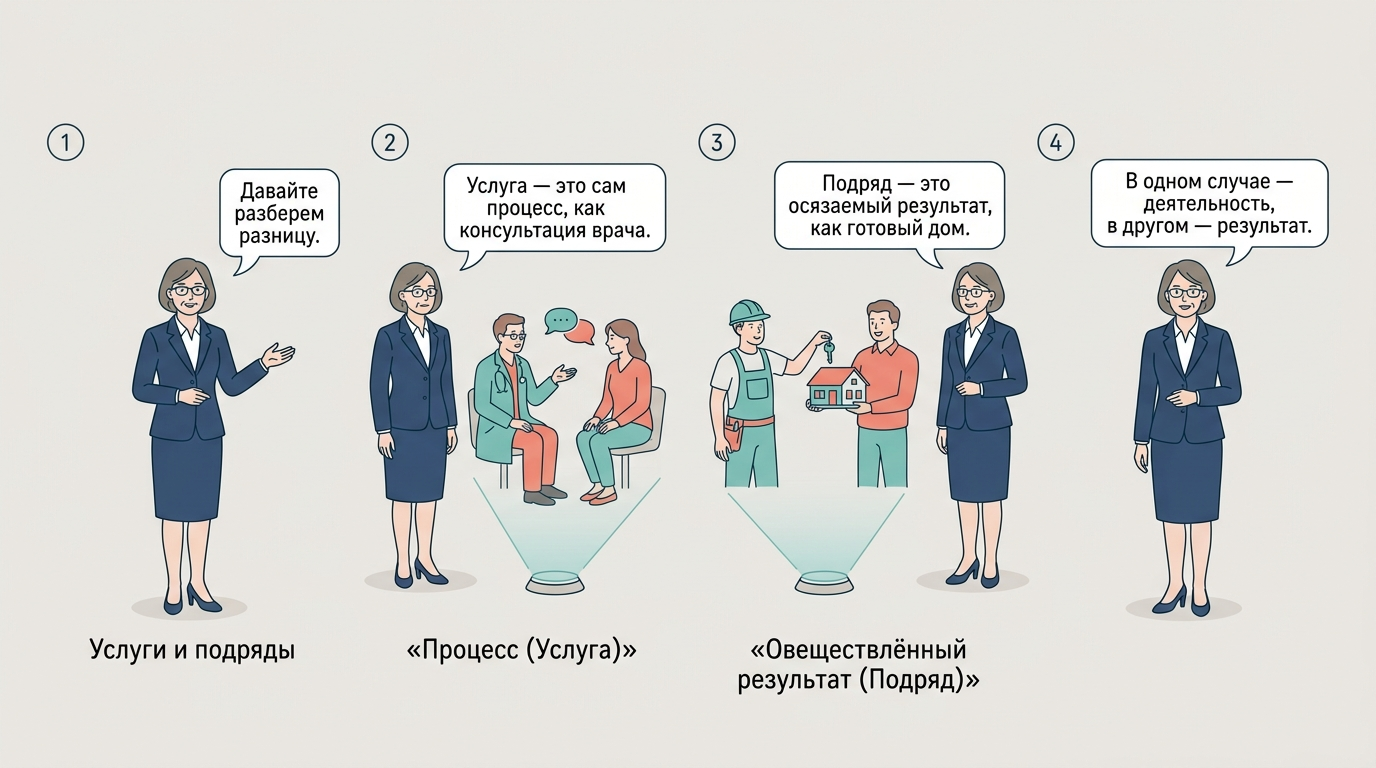 Голограмма сравнения: слева врач консультирует пациента как пример процесса, справа строитель передает готовый дом как результат.