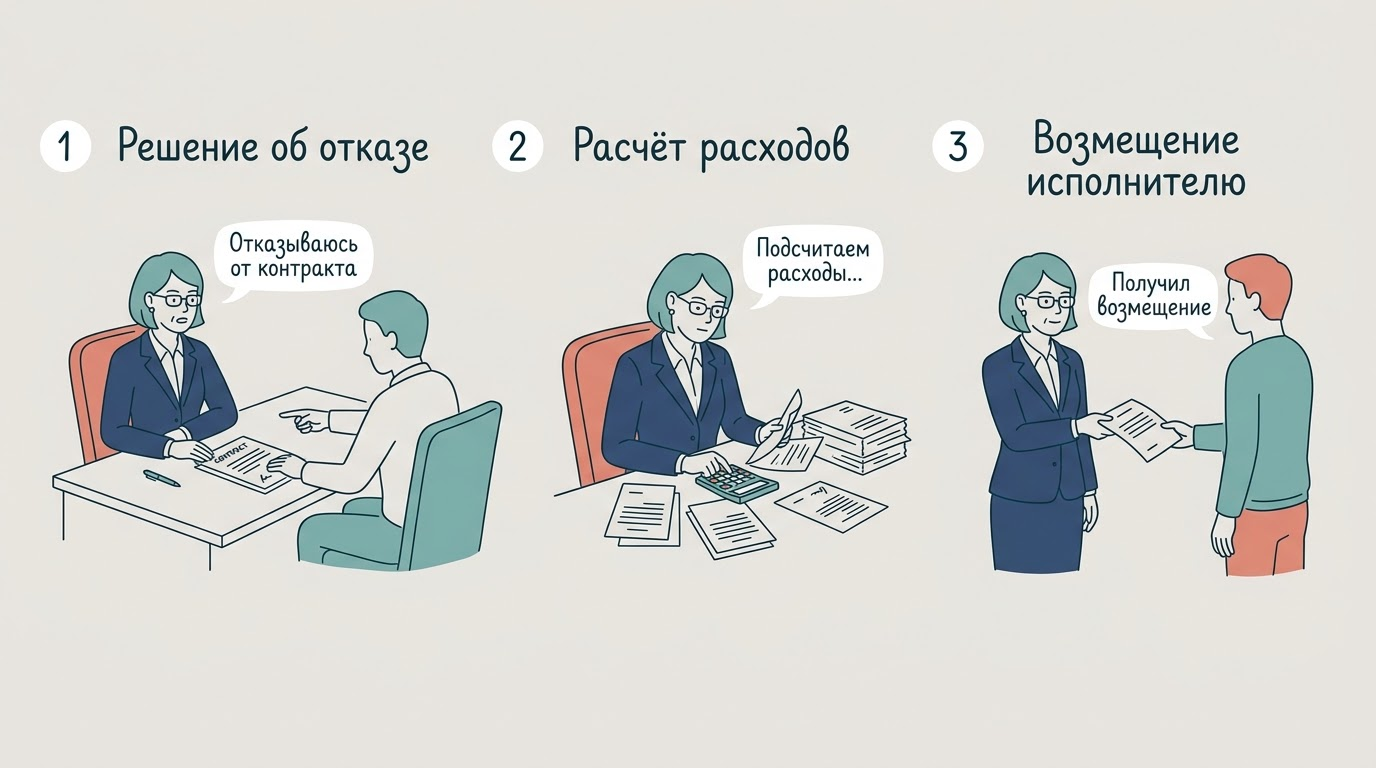 Блок-схема из трех шагов: клиент решает расторгнуть договор, подсчитывает понесенные расходы и производит финансовый расчет.