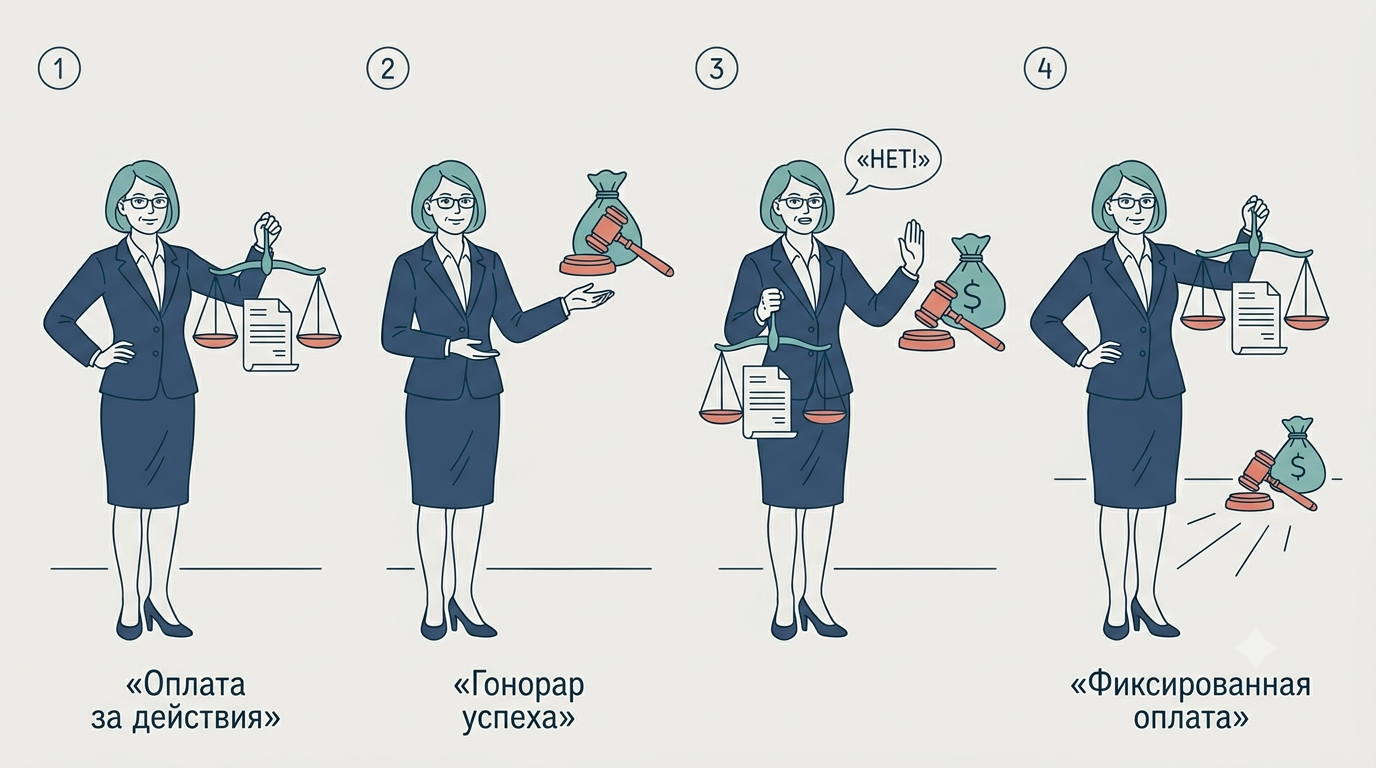 Юрист держит весы с фиксированным счетом и показывает жест остановки судейскому молотку, привязанному к мешку с деньгами.