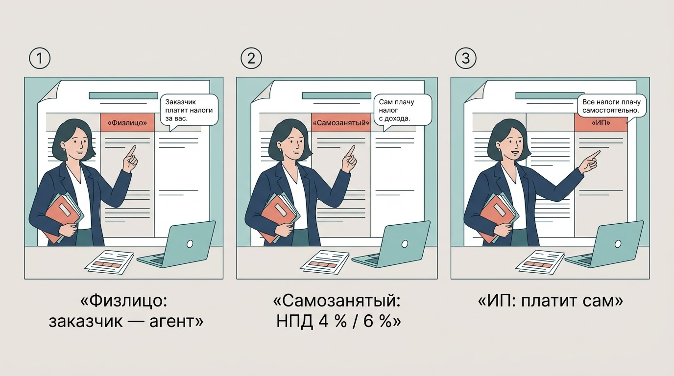 Сравнение трёх колонок: Физлицо — НДФЛ 13% и взносы удерживает заказчик, Самозанятый — НПД 4% или 6%, ИП — платит налоги сам
