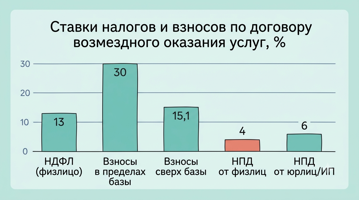 Столбчатая диаграмма сравнения налоговых ставок для физлица, самозанятого и ИП по договору возмездного оказания услуг на экране ноутбука