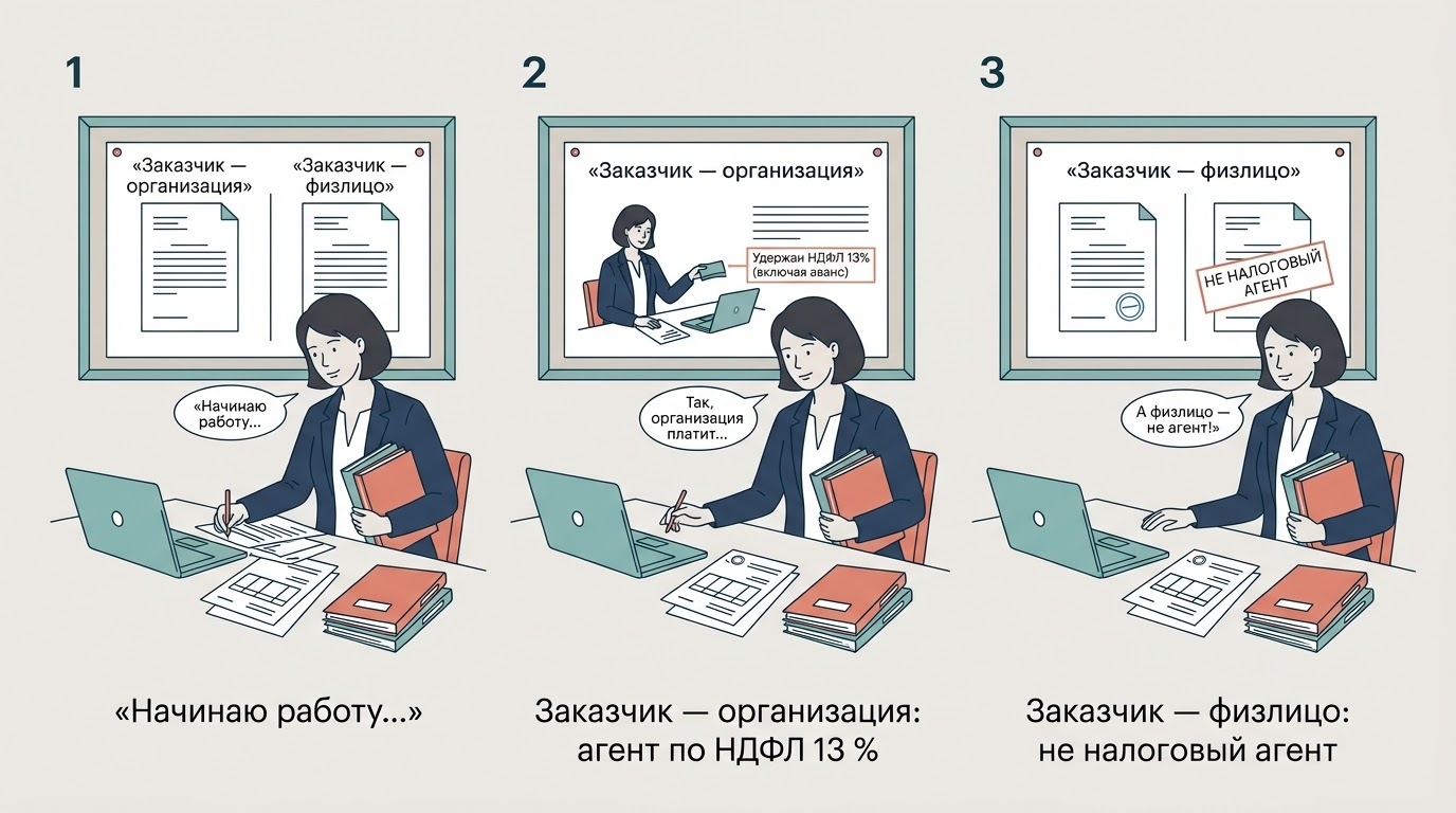 Сравнение двух карточек: левая — заказчик-организация удерживает НДФЛ, правая — заказчик-физлицо с пометкой Не налоговый агент