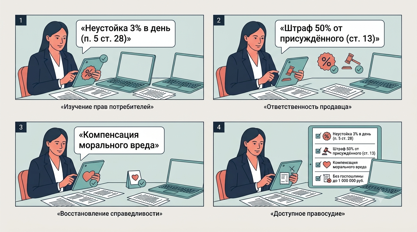 Чеклист на планшете с четырьмя пунктами защиты потребителя по ЗоЗПП, все отмечены