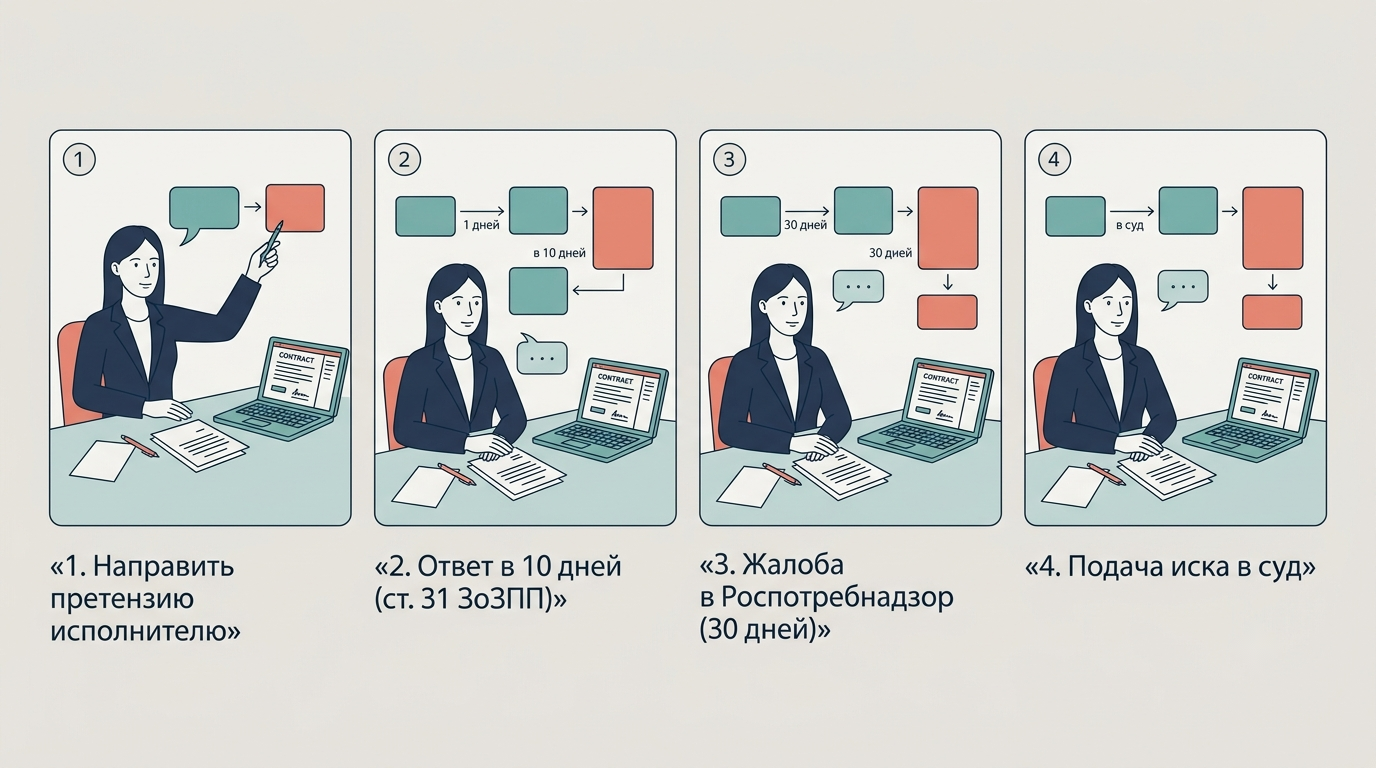 Горизонтальная схема четырёх шагов досудебного урегулирования с временными метками
