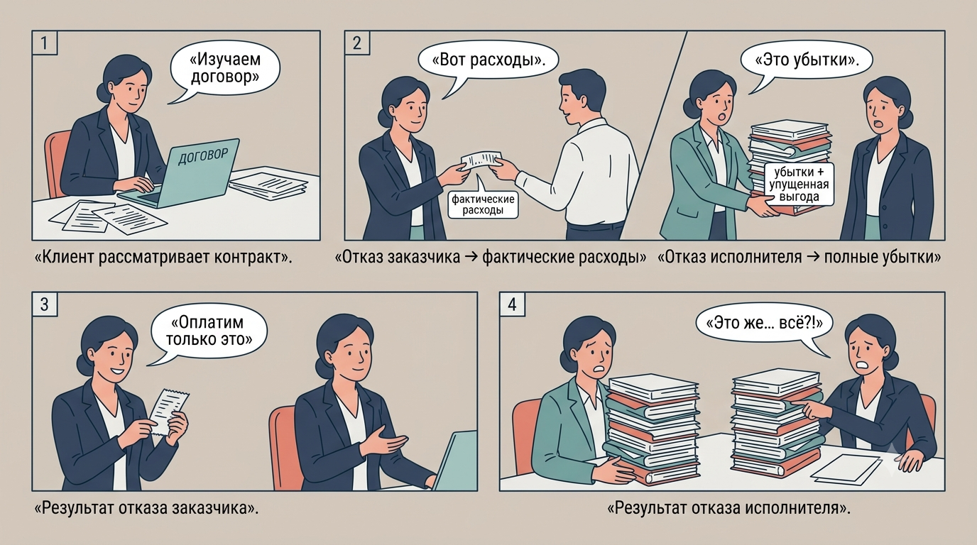 Заказчик передаёт чек с фактическими расходами, исполнитель — стопку документов с убытками и упущенной выгодой