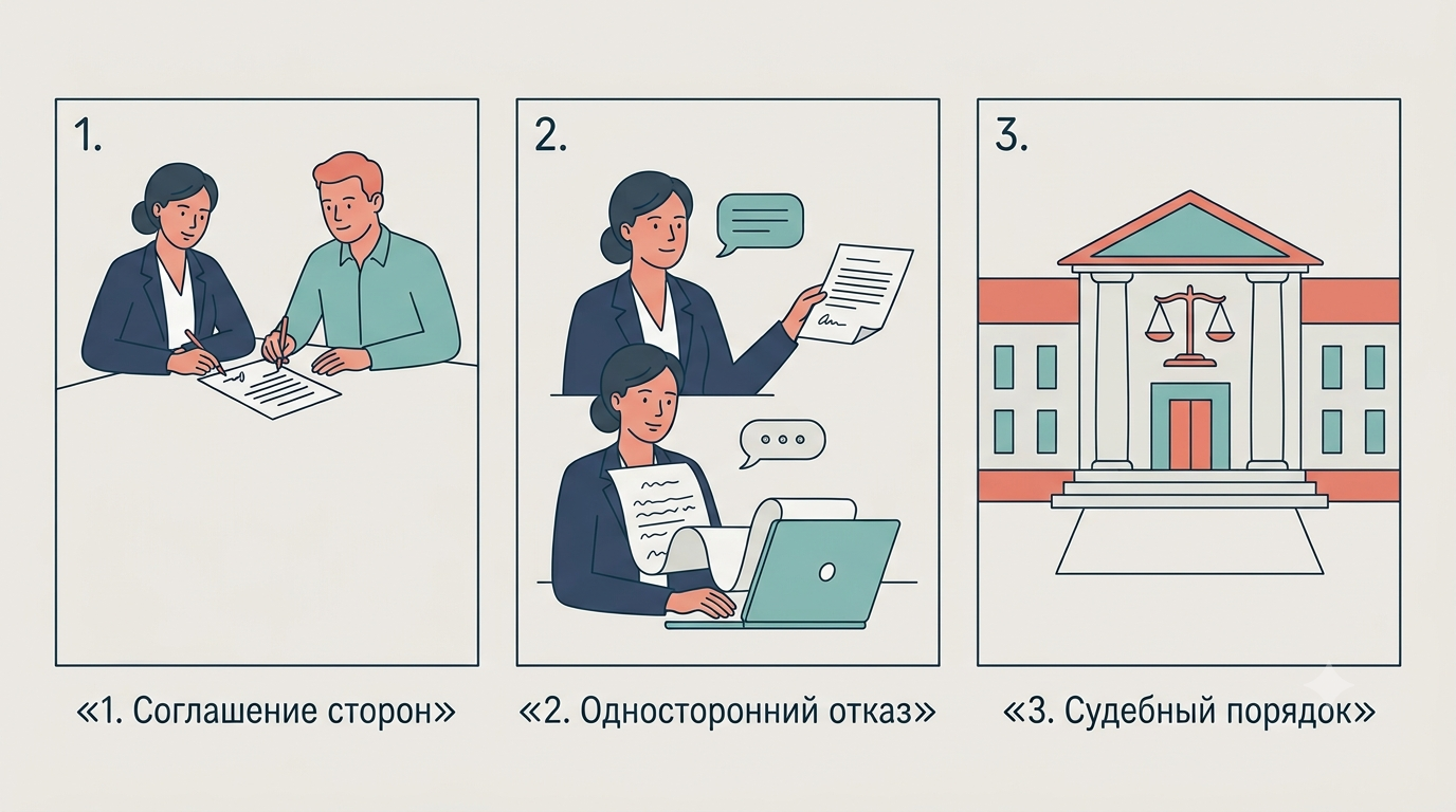 Три шага прекращения договора: подписание соглашения, отправка уведомления, здание суда с весами правосудия