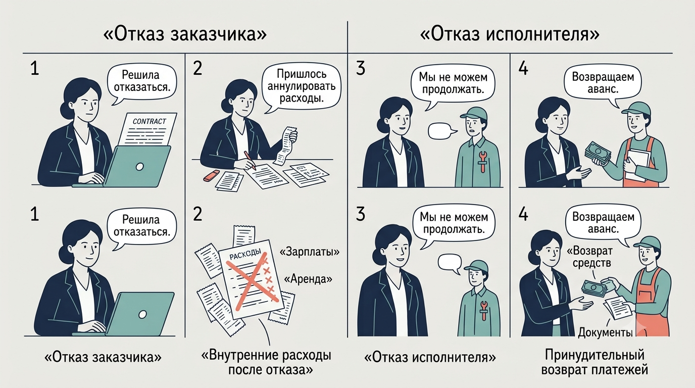 Два столбца: заказчик проверяет список расходных чеков, исполнитель возвращает наличные и документы заказчику