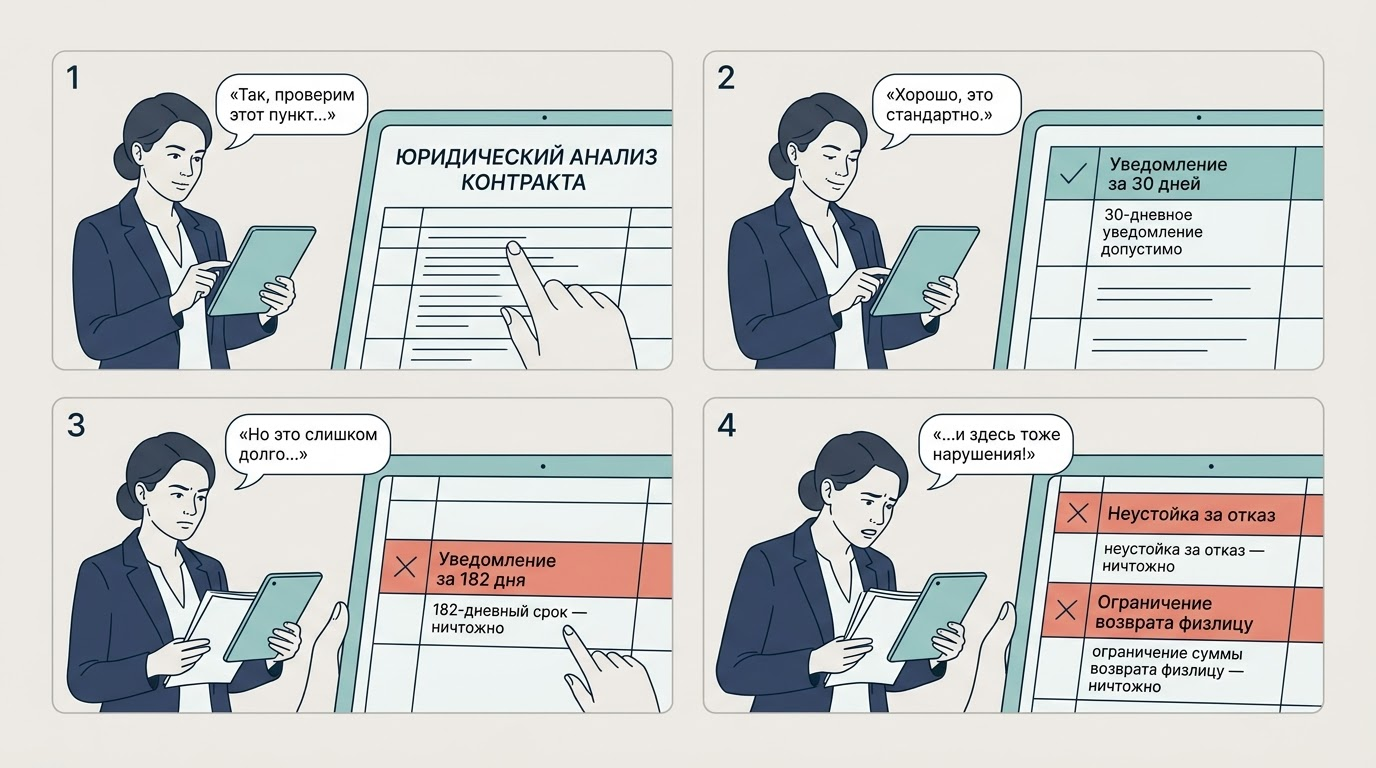Чеклист с зелёными галочками для допустимых условий и красными крестами для ничтожных: длинный срок, неустойка, ограничение суммы возврата