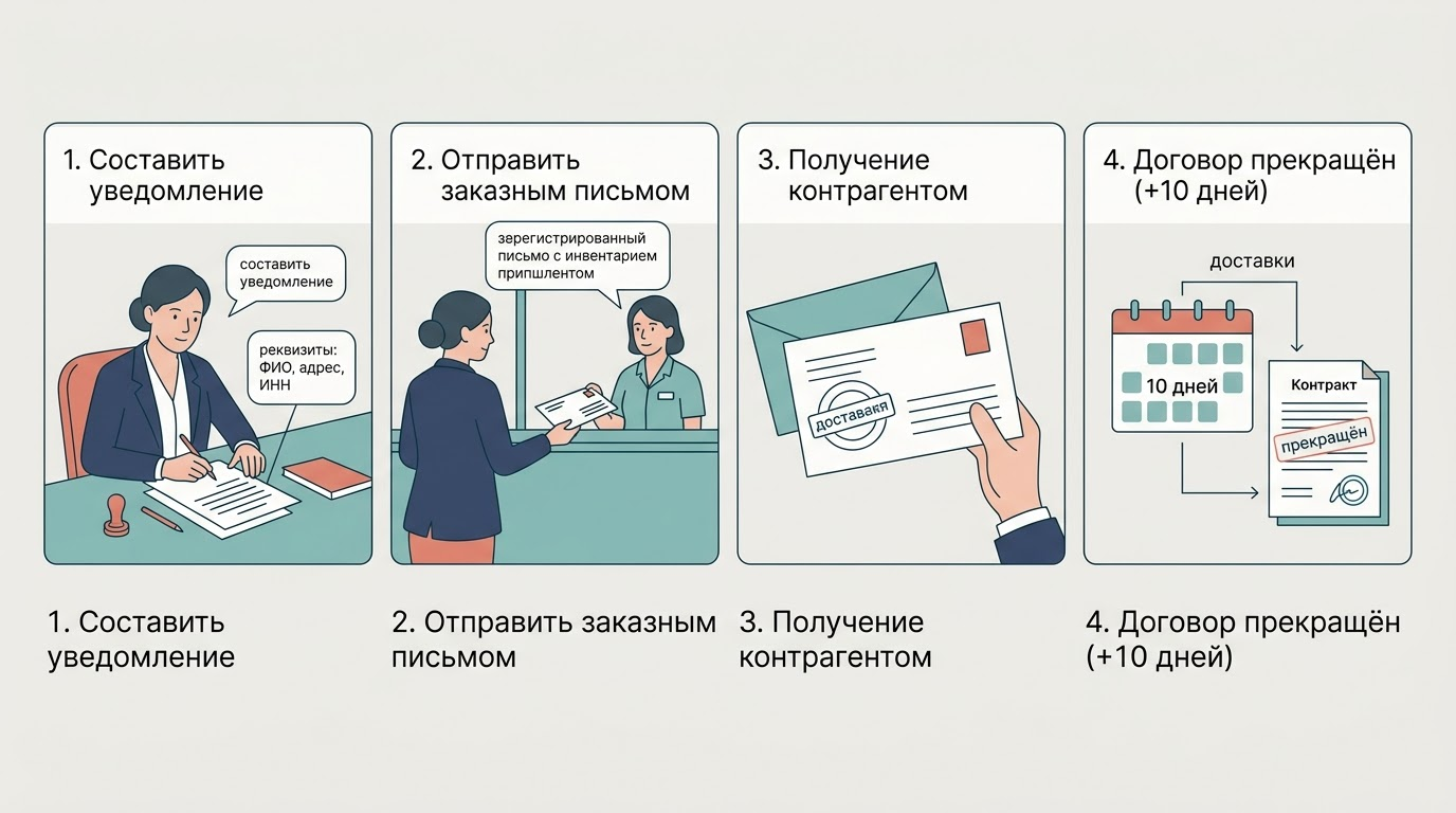 Четыре шага: составление уведомления, отправка заказным письмом с описью, вручение с отметкой, календарь с датой прекращения договора