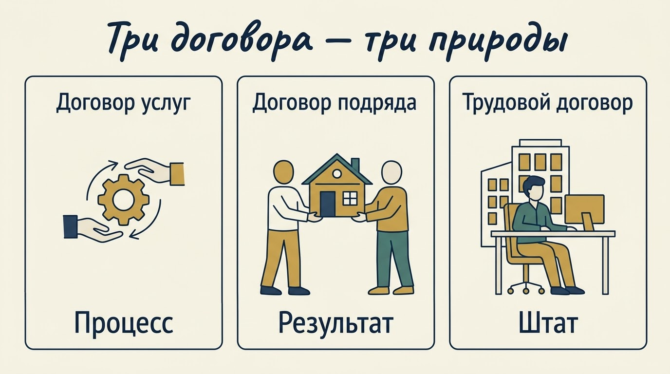 Сравнение трёх договоров: услуги — процесс, подряд — результат, трудовой — штат