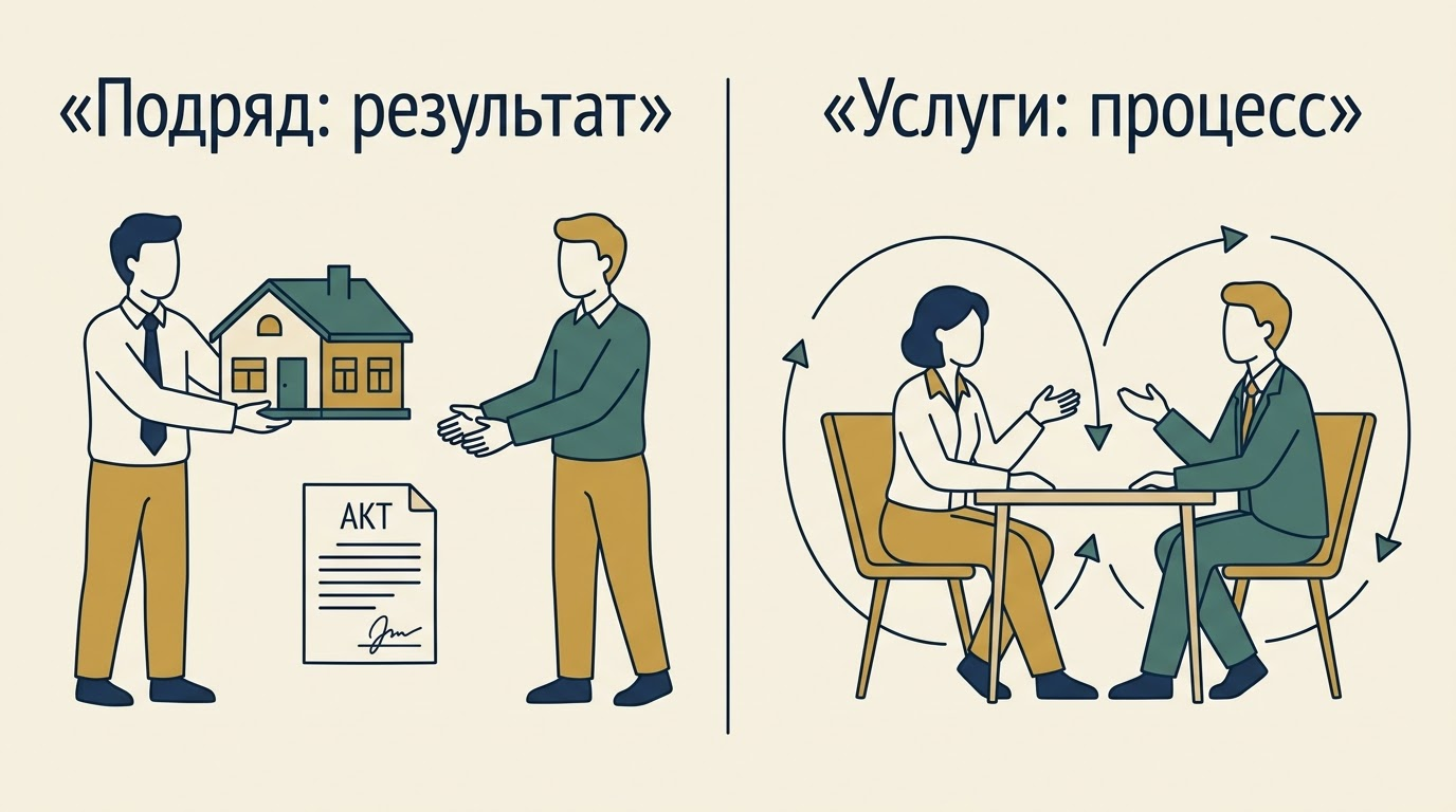 Подряд завершается передачей результата по акту, услуги — непрерывный процесс без овеществлённого итога