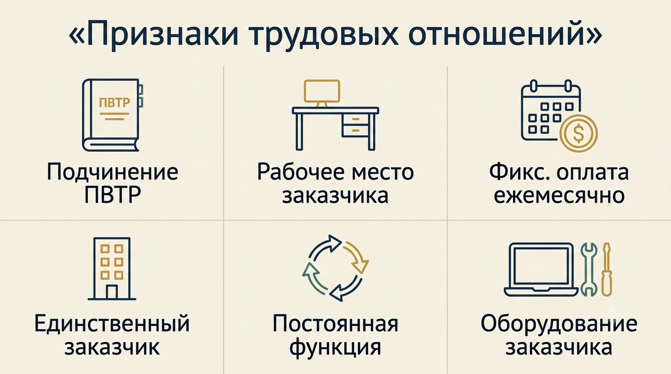 Признаки трудовых отношений: ПВТР, рабочее место и оборудование заказчика, фикс. оплата, один заказчик, постоянная функция