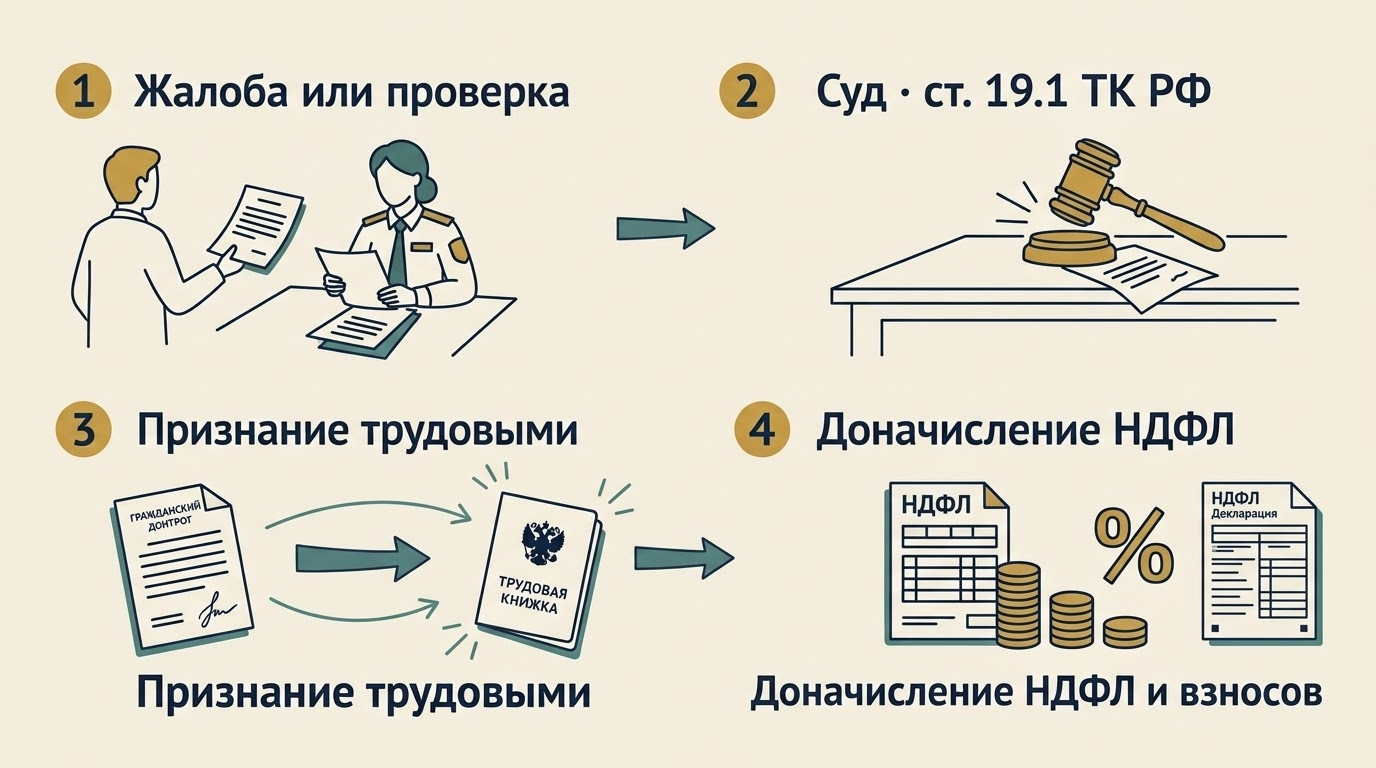 Механизм переквалификации: жалоба или проверка, суд по ст. 19.1 ТК РФ, признание трудовыми, доначисление НДФЛ и взносов