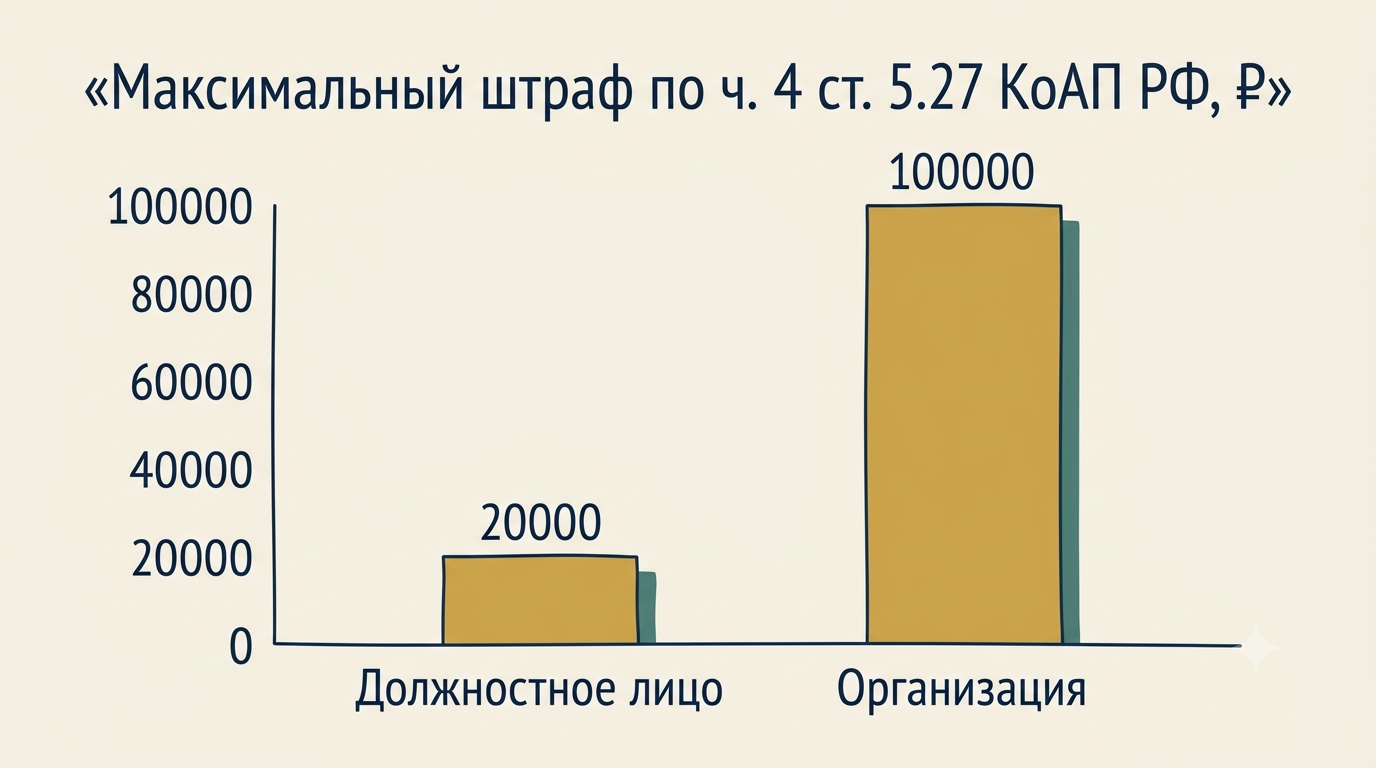 Максимальный штраф по ч. 4 ст. 5.27 КоАП РФ: должностное лицо до 20 000 ₽, организация до 100 000 ₽